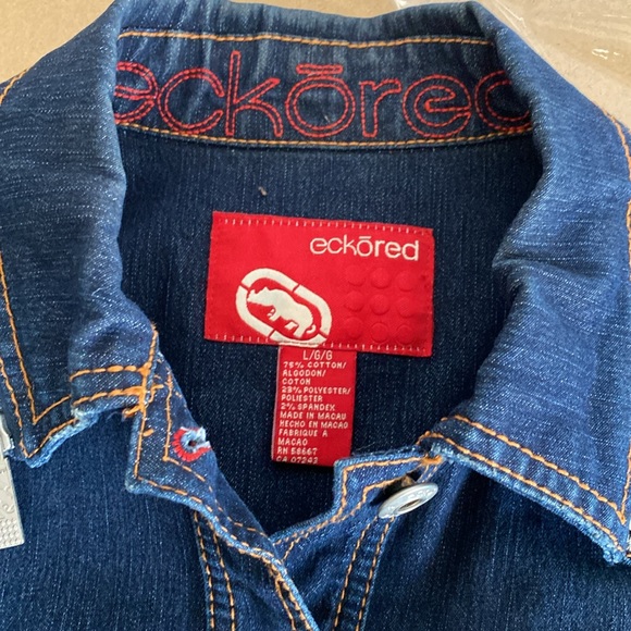 Eckored Jean Jacket. Large. Blue with zippered detail and red jeweled accents - Picture 8 of 9